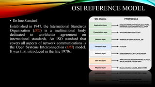 OSI REFERENCE MODEL
• De Jure Standard
Established in 1947, the International Standards
Organization (ISO) is a multinational body
dedicated to worldwide agreement on
international standards. An ISO standard that
covers all aspects of network communications is
the Open Systems Interconnection (OSI) model.
It was first introduced in the late 1970s.
 