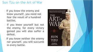 Sun Tzu on the Art of War
If you know the enemy and
know yourself, you need not
fear the result of a hundred
battles.
If you know yourself but not
the enemy, for every victory
gained you will also suffer a
defeat.
If you know neither the enemy
nor yourself, you will succumb
in every battle.
 