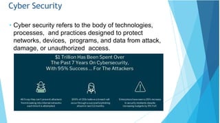 Cyber Security
• Cyber security refers to the body of technologies,
processes, and practices designed to protect
networks, devices, programs, and data from attack,
damage, or unauthorized access.
 