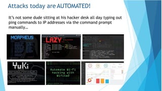 Attacks today are AUTOMATED!
It’s not some dude sitting at his hacker desk all day typing out
ping commands to IP addresses via the command prompt
manually…
 