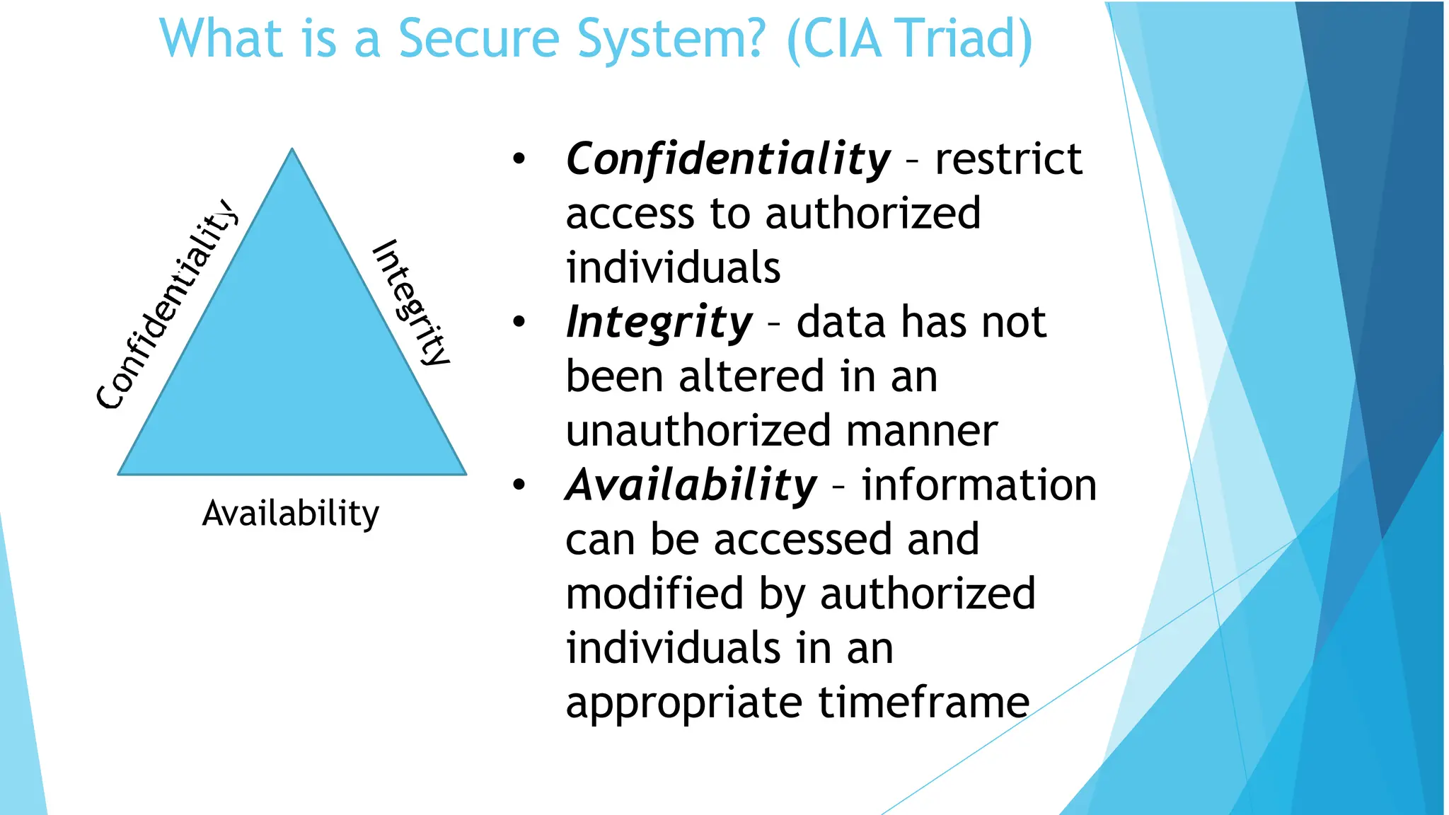 What is a Secure System? (CIA Triad)
Availability
• Confidentiality – restrict
access to authorized
individuals
• Integrity – data has not
been altered in an
unauthorized manner
• Availability – information
can be accessed and
modified by authorized
individuals in an
appropriate timeframe
 