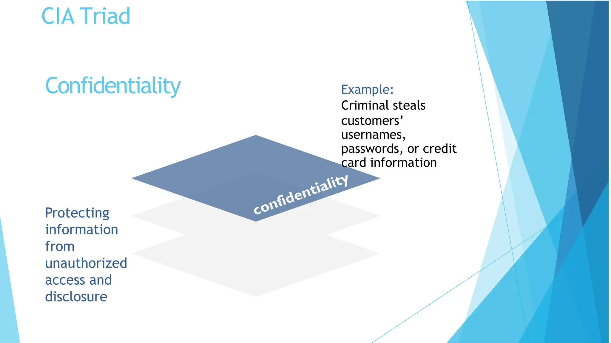 CIA Triad
Protecting
information
from
unauthorized
access and
disclosure
Example:
Criminal steals
customers’
usernames,
passwords, or credit
card information
Confidentiality
 