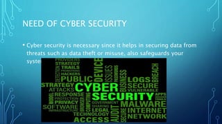 NEED OF CYBER SECURITY
• Cyber security is necessary since it helps in securing data from
threats such as data theft or misuse, also safeguards your
system from viruses
 