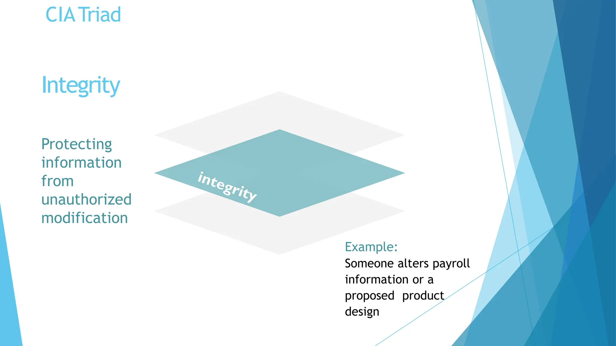 CIATriad
Protecting
information
from
unauthorized
modification
Example:
Someone alters payroll
information or a
proposed product
design
Integrity
 