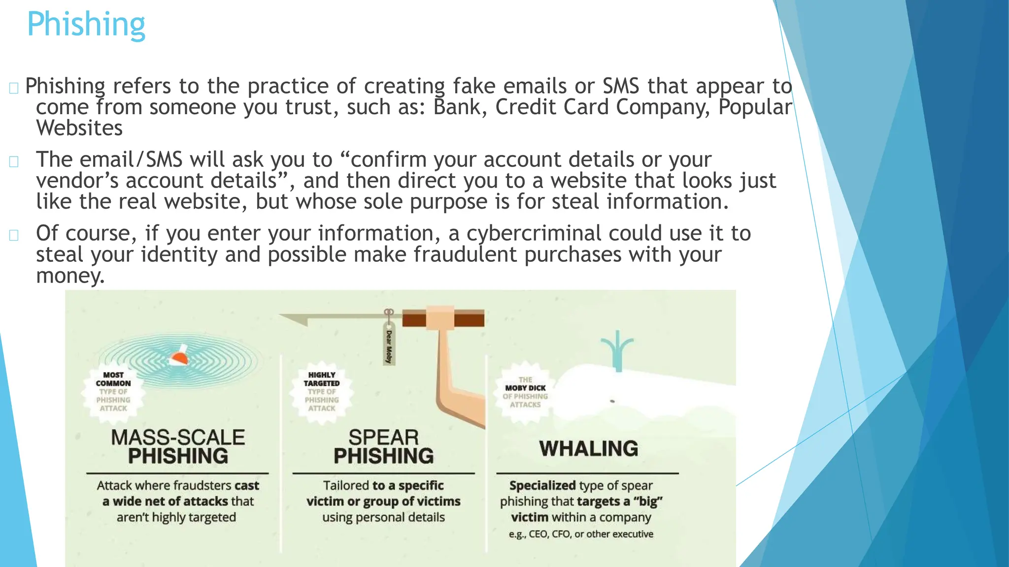 Phishing
Phishing refers to the practice of creating fake emails or SMS that appear to
come from someone you trust, such as: Bank, Credit Card Company, Popular
Websites
The email/SMS will ask you to “confirm your account details or your
vendor’s account details”, and then direct you to a website that looks just
like the real website, but whose sole purpose is for steal information.
Of course, if you enter your information, a cybercriminal could use it to
steal your identity and possible make fraudulent purchases with your
money.
 