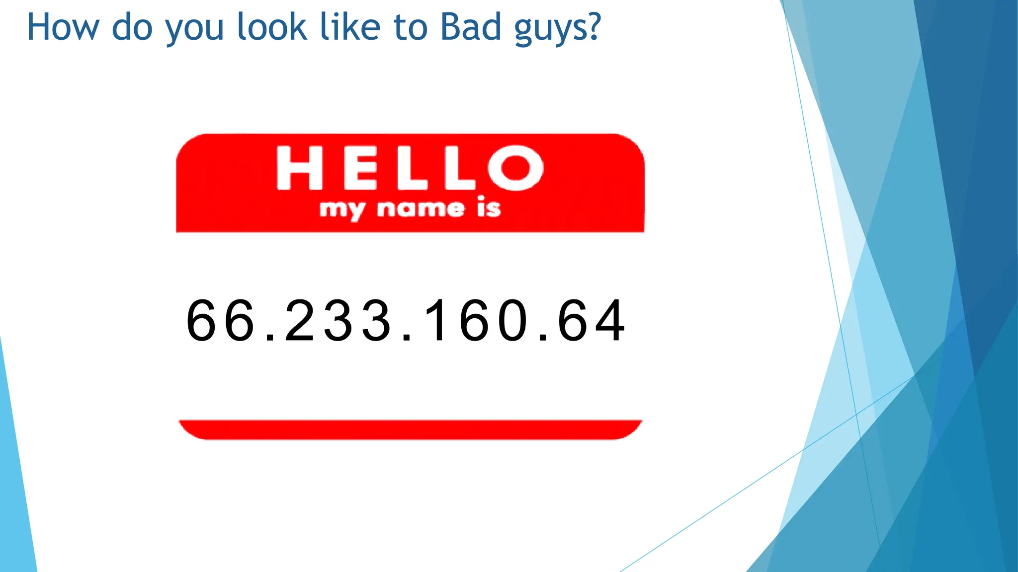 How do you look like to Bad guys?
66.233.160.64
 