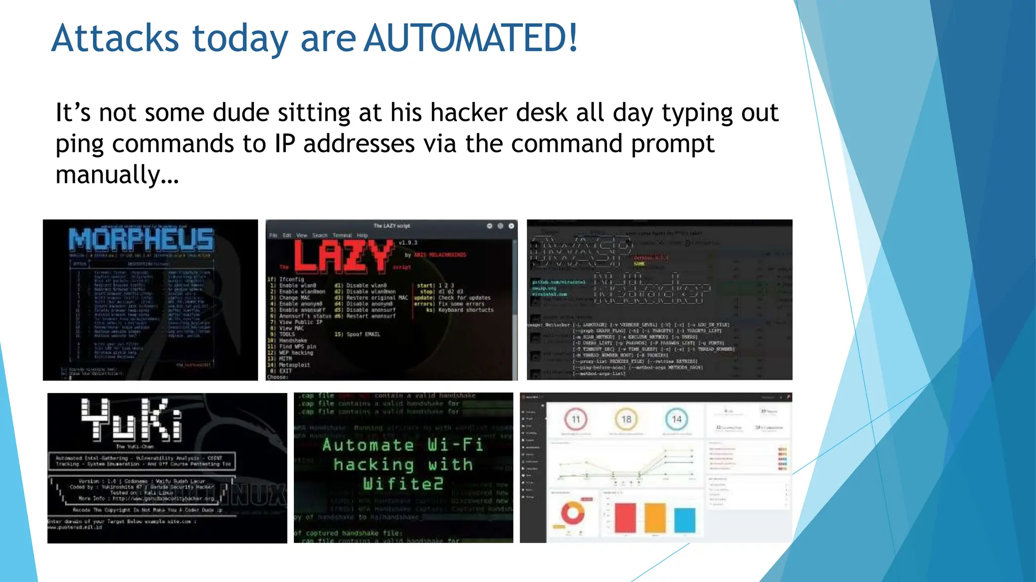 Attacks today are AUTOMATED!
It’s not some dude sitting at his hacker desk all day typing out
ping commands to IP addresses via the command prompt
manually…
 
