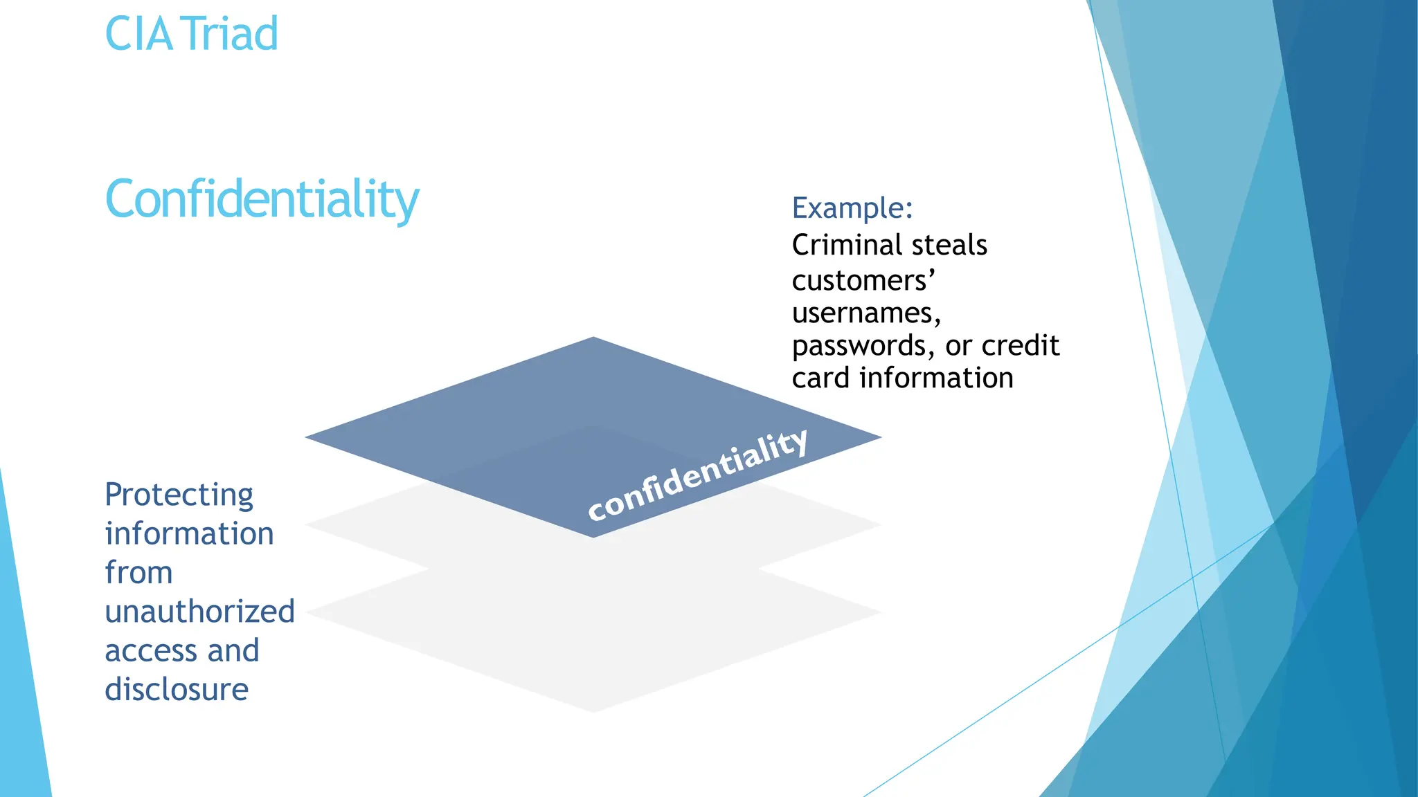 CIATriad
Protecting
information
from
unauthorized
access and
disclosure
Example:
Criminal steals
customers’
usernames,
passwords, or credit
card information
Confidentiality
 