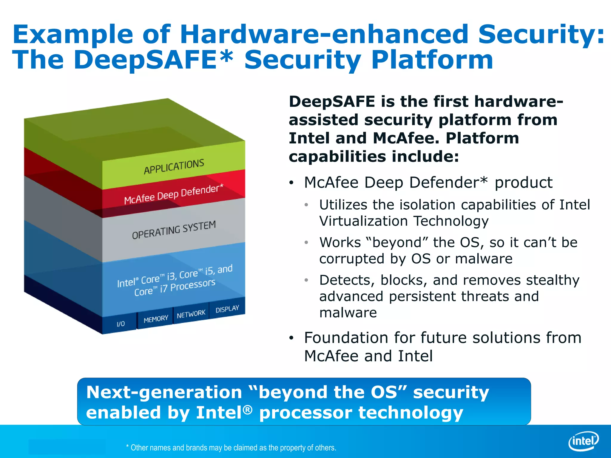 Example of Hardware-enhanced Security:
The DeepSAFE* Security Platform
                                                         DeepSAFE is the first hardware-
                                                         assisted security platform from
                                                         Intel and McAfee. Platform
                                                         capabilities include:
                                                         • McAfee Deep Defender* product
                                                              • Utilizes the isolation capabilities of Intel
                                                                Virtualization Technology
                                                              • Works “beyond” the OS, so it can’t be
                                                                corrupted by OS or malware
                                                              • Detects, blocks, and removes stealthy
                                                                advanced persistent threats and
                                                                malware
                                                         • Foundation for future solutions from
                                                           McAfee and Intel

    Next-generation “beyond the OS” security
    enabled by Intel® processor technology
       * Other names and brands may be claimed as the property of others.
 