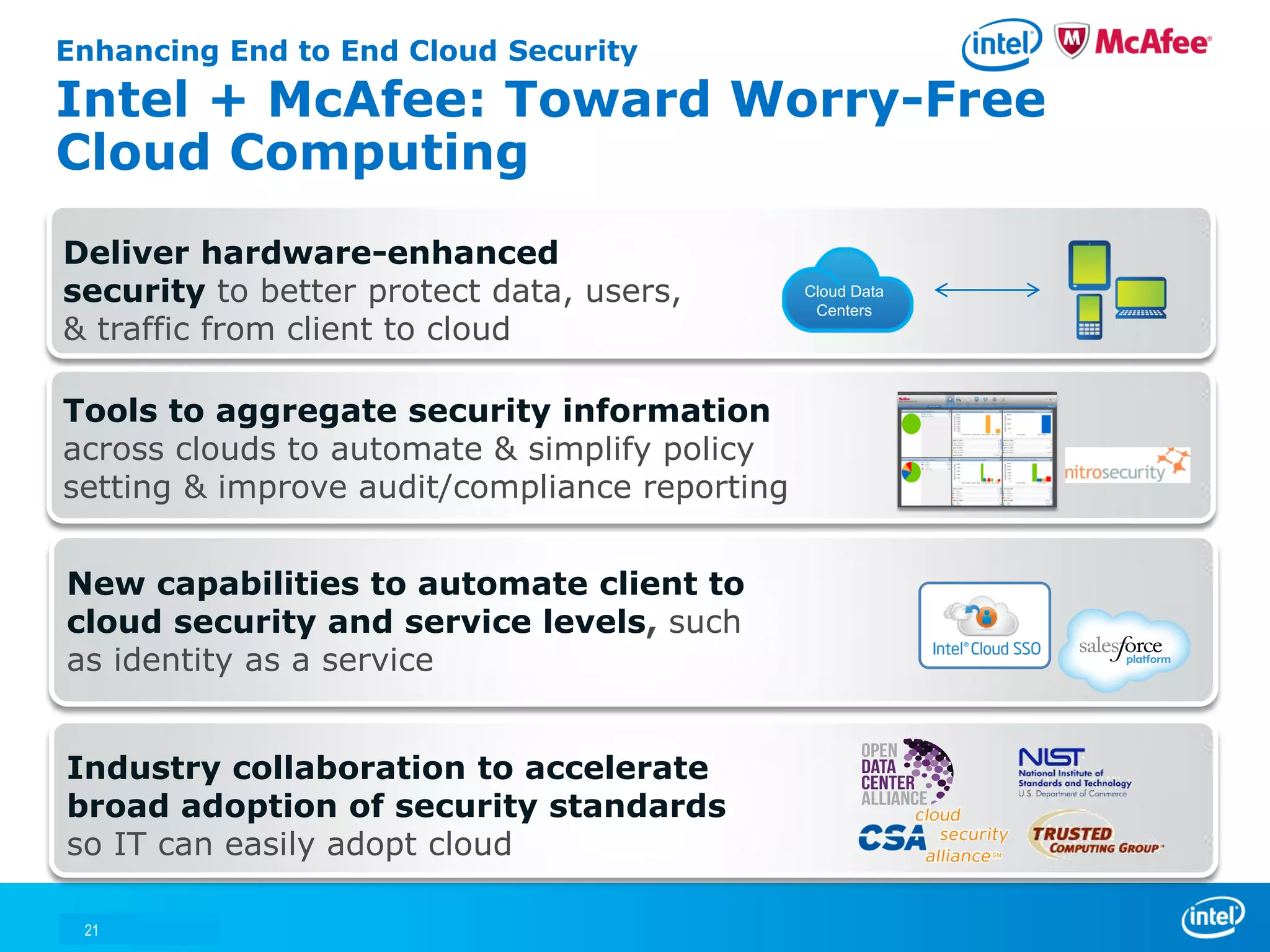 Enhancing End to End Cloud Security
Intel + McAfee: Toward Worry-Free
Cloud Computing
Deliver hardware-enhanced
security to better protect data, users,        Cloud Data
                                                Centers
& traffic from client to cloud

Tools to aggregate security information
across clouds to automate & simplify policy
setting & improve audit/compliance reporting


New capabilities to automate client to
cloud security and service levels, such
as identity as a service


Industry collaboration to accelerate
broad adoption of security standards
so IT can easily adopt cloud

 21
 