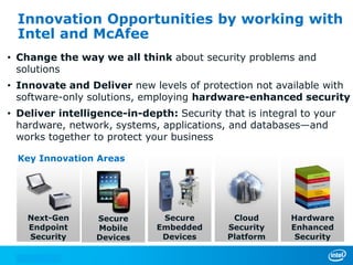 Innovation Opportunities by working with
  Intel and McAfee
• Change the way we all think about security problems and
  solutions
• Innovate and Deliver new levels of protection not available with
  software-only solutions, employing hardware-enhanced security
• Deliver intelligence-in-depth: Security that is integral to your
  hardware, network, systems, applications, and databases—and
  works together to protect your business

  Key Innovation Areas




    Next-Gen     Secure        Secure        Cloud       Hardware
    Endpoint     Mobile       Embedded      Security     Enhanced
    Security     Devices       Devices      Platform      Security
 