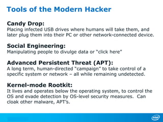 Tools of the Modern Hacker

Candy Drop:
Placing infected USB drives where humans will take them, and
later plug them into their PC or other network-connected device.

Social Engineering:
Manipulating people to divulge data or “click here”

Advanced Persistent Threat (APT):
A long term, human-directed “campaign” to take control of a
specific system or network – all while remaining undetected.

Kernel-mode Rootkit:
It lives and operates below the operating system, to control the
OS and evade detection by OS-level security measures. Can
cloak other malware, APT’s.
 