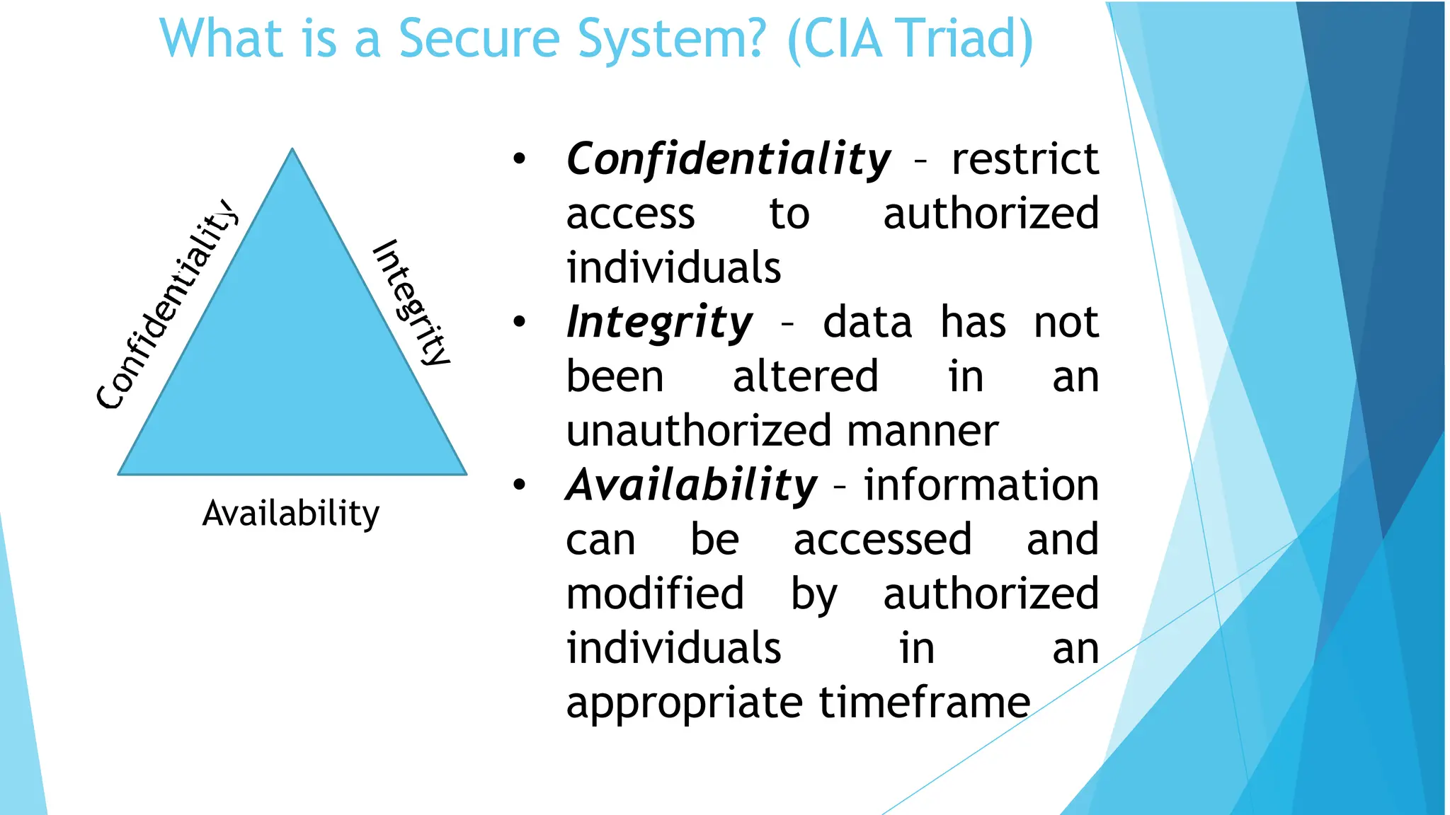 What is a Secure System? (CIA Triad)
Availability
• Confidentiality – restrict
access to authorized
individuals
• Integrity – data has not
been altered in an
unauthorized manner
• Availability – information
can be accessed and
modified by authorized
individuals in an
appropriate timeframe
 