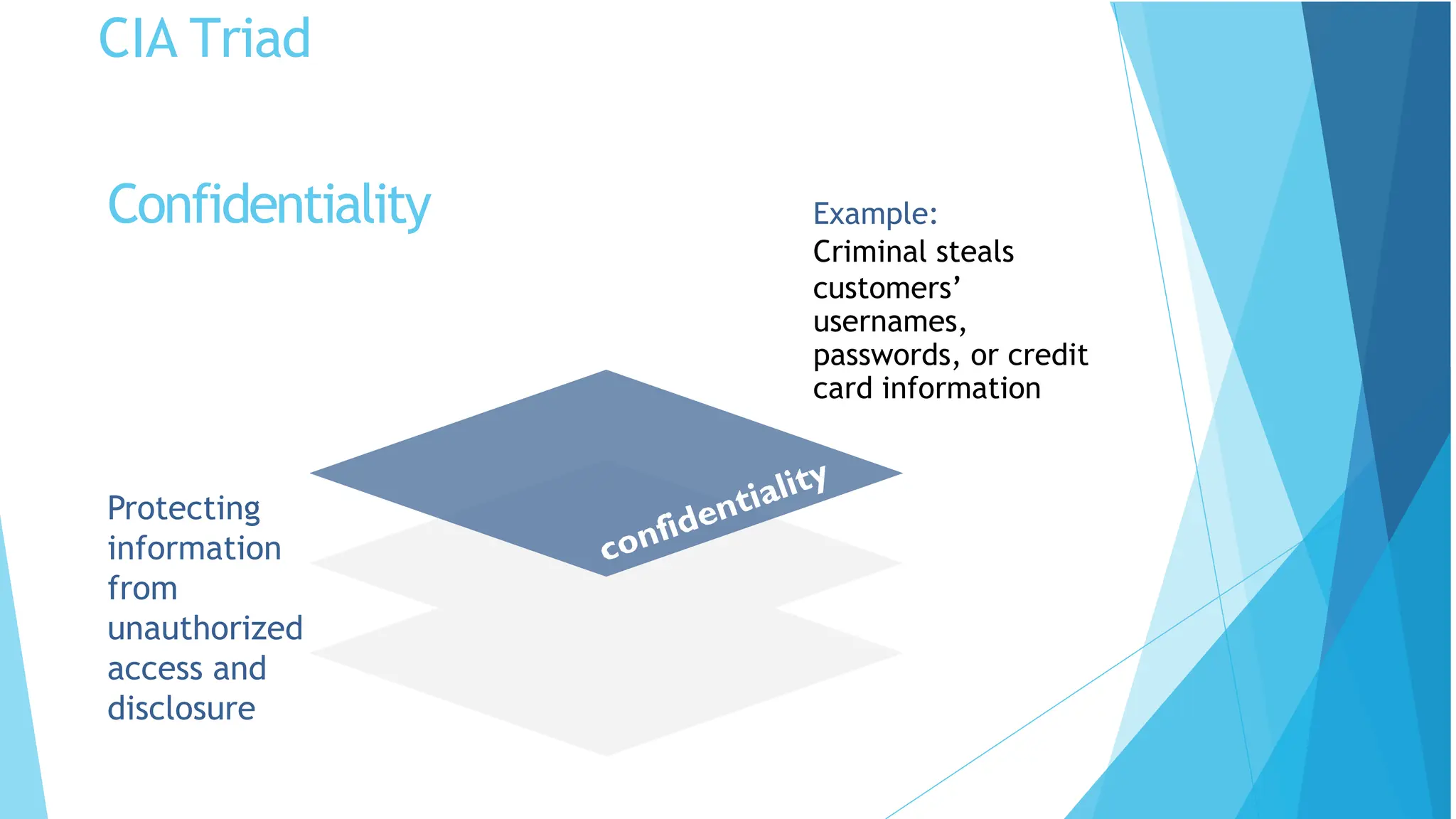 CIA Triad
Protecting
information
from
unauthorized
access and
disclosure
Example:
Criminal steals
customers’
usernames,
passwords, or credit
card information
Confidentiality
 