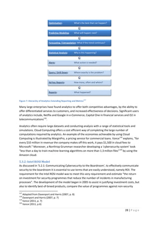 Figure 7: Hierarchy of Analytics Extending Reporting and Metrics
Many large enterprises have found analytics to offer both competitive
offer differentiated services to customers
of analytics include, Netflix and Google in e
telecommunications118
.
Analytics often require large datasets and conducting analysis with a ran
simulations. Cloud Computing offers a cost efficient way of completing the large number of
computations required by analytics.
Computing is illustrated by MarginPro, a pricin
every $10 million in revenue the company makes off this work, it pays $1,500 in cloud fees to
Microsoft.” Moreover, a Northrop Grumman
“less than a day to train machine
Amazon cloud.
5.3.2: Intel ROSI Model
As discussed in ‘5.2.1: Communicating Cybersecurity to the Boardroom
security to the boardroom it is essential to use terms that are easily understood, namely ROI. The
requirement for the Intel ROSI model was to meet this very requirement and estimate “the return
on investment for security programmes that reduce the number of incidents in manufacturing
processes”. The development of the model began in 2005 to assist in justifying investment costs, but
also to identify best-of-breed products, compare the value of programme
117
Adapted from Davenport and Harris (2007, p. 8)
118
Davenport and Harris (2007, p. 7)
119
Vance (2011, p. 7)
120
Vance (2011, p.6)
Optimisation
Predictive Modeling
Forecasting / Extrapolation
Statistical Analysis
Alerts:
Query / Drill Down
Ad-hoc Reports
Reports:
: Hierarchy of Analytics Extending Reporting and Metrics
117
have found analytics to offer both competitive advantages
offer differentiated services to customers, and increased effectiveness of decisions. Significant users
of analytics include, Netflix and Google in e-Commerce, Capital One in financial services and O2 in
large datasets and conducting analysis with a range of statistical tools and
Cloud Computing offers a cost efficient way of completing the large number of
computations required by analytics. An example of the economies achievable by using
illustrated by MarginPro, a pricing service for commercial loans. Vance
every $10 million in revenue the company makes off this work, it pays $1,500 in cloud fees to
Northrop Grumman researcher developing a ‘cybersecurity system
y to train machine-learning algorithms on more than 1.3 million files
Communicating Cybersecurity to the Boardroom’, to effectively communicate
security to the boardroom it is essential to use terms that are easily understood, namely ROI. The
requirement for the Intel ROSI model was to meet this very requirement and estimate “the return
stment for security programmes that reduce the number of incidents in manufacturing
processes”. The development of the model began in 2005 to assist in justifying investment costs, but
breed products, compare the value of programmes against non
Adapted from Davenport and Harris (2007, p. 8)
Davenport and Harris (2007, p. 7)
Optimisation: What's the best that can happen?
Predictive Modeling: What will happen next?
Forecasting / Extrapolation: What if the trend continues?
Statistical Analysis: Why is this happening?
What action is needed?
Query / Drill Down: Where exactly is the problem?
hoc Reports: How many, often and where?
: What happened?
28 | P a g e
advantages, by the ability to
and increased effectiveness of decisions. Significant users
Commerce, Capital One in financial services and O2 in
ge of statistical tools and
Cloud Computing offers a cost efficient way of completing the large number of
achievable by using Cloud
g service for commercial loans. Vance119
explains, “for
every $10 million in revenue the company makes off this work, it pays $1,500 in cloud fees to
cybersecurity system’ took
on more than 1.3 million files”120
by using the
’, to effectively communicate
security to the boardroom it is essential to use terms that are easily understood, namely ROI. The
requirement for the Intel ROSI model was to meet this very requirement and estimate “the return
stment for security programmes that reduce the number of incidents in manufacturing
processes”. The development of the model began in 2005 to assist in justifying investment costs, but
s against non-security
 