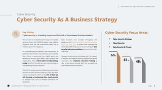 Cyber Security
Cyber Security As A Business Strategy
Key finding:
Cyber security is a leading investment for 64% of interviewed business leaders.
The coronavirus was dubbed as the largest-ever global
security threat with COVID-19-related cyber attacks
targeting small and big corporations alike, not to
mention government agencies.
As companies feel the pressure, and massive risks, of
potential cyber threats, top executives are increasing
their efforts in protecting their digital assets and
identifying security gaps within their systems and
organization. Thus, a robust cyber security strategy
is vital for 61% of C-suites who are concentrating on
strengthening security measures.
The shift to remote working, digital tools and online
services are also concerns faced by CISOs and their
C-level counterparts, which is why 51% of them are
still focusing on enhancing their cloud security
to mitigate risks, such as malware infections and
data leaks.
Data breaches were rampant throughout the
pandemic with over 470 incidents recorded between
March and June 2020. To protect their company and
client data, 48% of top executives are looking to data
security and privacy solutions to prevent data leaks
and losses.
However, implementing technology won’t be enough
if staff are not trained in security solutions and threat
awareness, thus employee awareness training is
also a top priority among both the surveyed and
interviewed business executives.
Cyber Security Focus Areas
60%
51%
48%
Cyber Security Strategy
Cloud Security
Data Security  Privacy
8
page .
M AT C H M A K I N G , S M I L E M A K I N G , I C E B R E A K I N G
Content owned by Management Events. All rights reserved.
 
