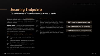 Securing Endpoints
The Importance of Endpoint Security  How It Works
Quite a number of interviewees mentioned endpoint security in
the personal interviews, citing it as a big threat and expressing
high interest in seeking solutions. But what is endpoint security
and why is it important?
Endpoint security is securing entry points or end-user devices,
such as laptops, printers and mobile devices, from viruses,
malware, and other malicious attacks. Any device connected to
a network is considered an endpoint. The objective is to protect
each device so the network remains secure.
Endpoint security is important for your business because:

Threats coming in through unsecured endpoints are on the
rise

The increase of remote work and bring-your-own-device
(BYOD) expose endpoint vulnerabilities

Hackers may use endpoints to access or steal data, which
puts your organization at risk

Other attacks include distributed denial of service (DDoS)
and ransomware
How endpoint protection works:

System administrators set up endpoint protection
platforms (EPP) or security software, such as antivirus
programs, data encryption, firewalls and filters

The technologies detect and prevent threats at the
endpoint by examining files and data as they enter the
network

Endpoint security software also uses encryption and
application control to secure devices that are accessing
the network
68% of firms had endpoint attacks in 20191
80% of the attacks were new or unknown1
$9m is the average cost per endpoint breach1
1
68% of organizations were victims of endpoint attacks in 2019.
Help Net Security, 2020.
12
M AT C H M A K I N G , S M I L E M A K I N G , I C E B R E A K I N G
page .
Content owned by Management Events. All rights reserved.
 
