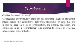 Cyber Security
What is cybersecurity all about?
A successful cybersecurity approach has multiple layers of protection
spread across the computers, networks, programs, or data that one
intends to keep safe. In an organization, the people, processes, and
technology must all complement one another to create an effective
defense from cyber attacks.
Elias Hossen, Digital Forensic Expert, CID, Dhaka.
 