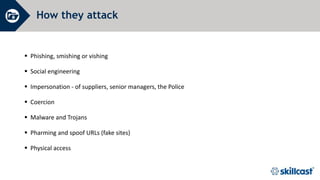 How they attack
 Phishing, smishing or vishing
 Social engineering
 Impersonation - of suppliers, senior managers, the Police
 Coercion
 Malware and Trojans
 Pharming and spoof URLs (fake sites)
 Physical access
 
