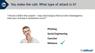 Phishing
Social Engineering
Coercion
Malware
You make the call: What type of attack is it?
“I found a USB in the carpark – I was only trying to find out who it belonged to.
How was I to know it contained a virus?"

 