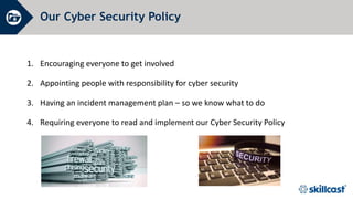 Our Cyber Security Policy
1. Encouraging everyone to get involved
2. Appointing people with responsibility for cyber security
3. Having an incident management plan – so we know what to do
4. Requiring everyone to read and implement our Cyber Security Policy
 