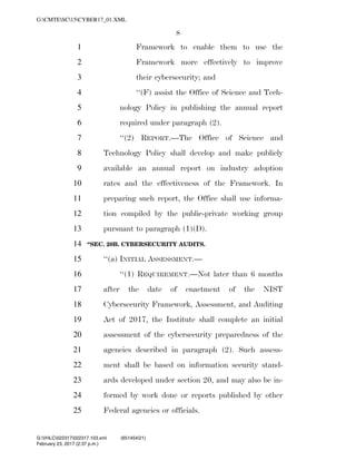 8
Framework to enable them to use the1
Framework more effectively to improve2
their cybersecurity; and3
‘‘(F) assist the Office of Science and Tech-4
nology Policy in publishing the annual report5
required under paragraph (2).6
‘‘(2) REPORT.—The Office of Science and7
Technology Policy shall develop and make publicly8
available an annual report on industry adoption9
rates and the effectiveness of the Framework. In10
preparing such report, the Office shall use informa-11
tion compiled by the public-private working group12
pursuant to paragraph (1)(D).13
‘‘SEC. 20B. CYBERSECURITY AUDITS.14
‘‘(a) INITIAL ASSESSMENT.—15
‘‘(1) REQUIREMENT.—Not later than 6 months16
after the date of enactment of the NIST17
Cybersecurity Framework, Assessment, and Auditing18
Act of 2017, the Institute shall complete an initial19
assessment of the cybersecurity preparedness of the20
agencies described in paragraph (2). Such assess-21
ment shall be based on information security stand-22
ards developed under section 20, and may also be in-23
formed by work done or reports published by other24
Federal agencies or officials.25
VerDate 0ct 09 2002 14:37 Feb 23, 2017 Jkt 000000 PO 00000 Frm 00008 Fmt 6652 Sfmt 6201 C:USERSTBROWNAPPDATAROAMINGSOFTQUADXMETAL7.0GENCCYBER1~1.XM
February 23, 2017 (2:37 p.m.)
G:CMTESC15CYBER17_01.XML
G:VHLC022317022317.103.xml (651454|21)
 