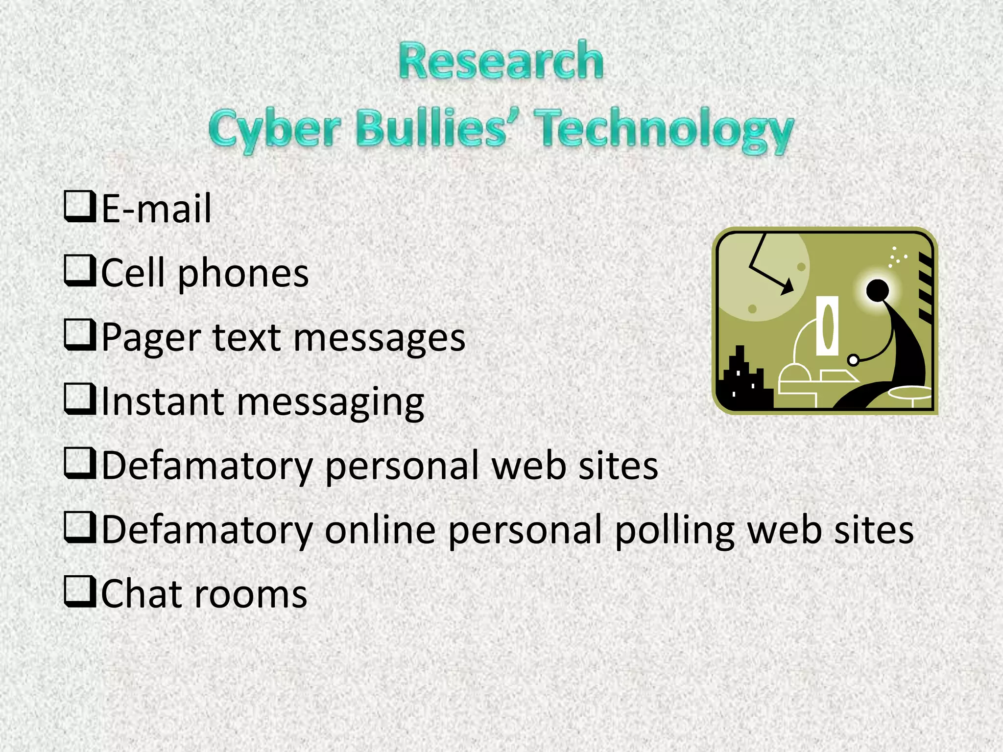 E-mail
Cell phones
Pager text messages
Instant messaging
Defamatory personal web sites
Defamatory online personal polling web sites
Chat rooms
 