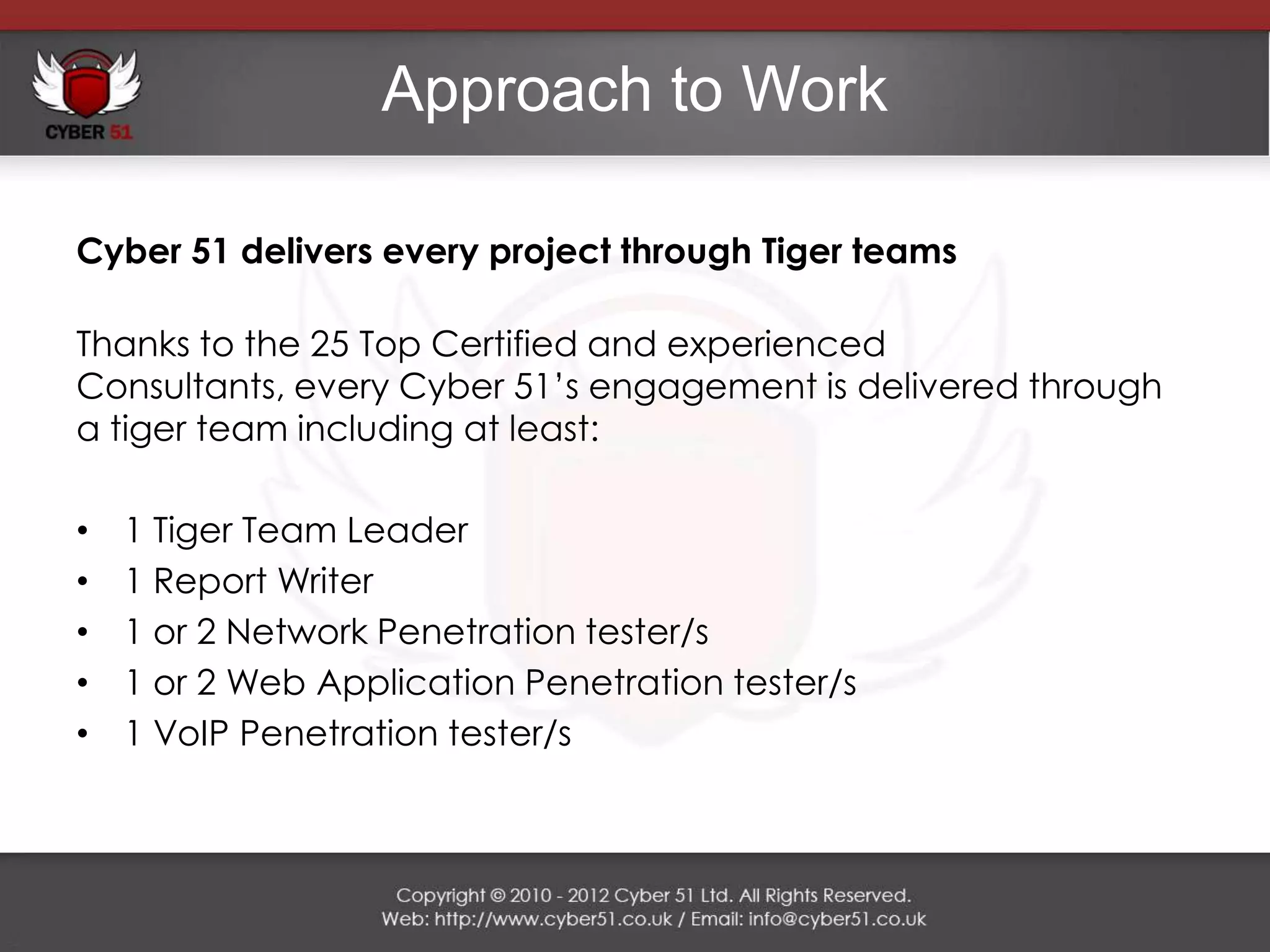 Approach to Work

Cyber 51 delivers every project through Tiger teams

Thanks to the 25 Top Certified and experienced
Consultants, every Cyber 51’s engagement is delivered through
a tiger team including at least:

•   1 Tiger Team Leader
•   1 Report Writer
•   1 or 2 Network Penetration tester/s
•   1 or 2 Web Application Penetration tester/s
•   1 VoIP Penetration tester/s
 