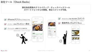 Copyright ©CyberACE, Inc. All Rights Reserved.
自社ツール『Check Backs』
弊社独自開発のクリエイティブ・チェックバックツール
スマートフォンからの閲覧、修正コメントが可能。
19
 