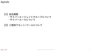 Copyright ©CyberACE, Inc. All Rights Reserved.
Agenda
2
【1】会社概要
└サイバーエージェントグループについて
└サイバーエースについて
【2】ご提供アセット/ツールについて
 