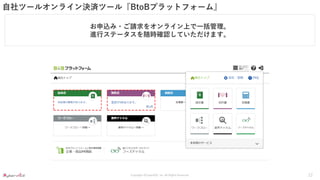Copyright ©CyberACE, Inc. All Rights Reserved.
自社ツールオンライン決済ツール『BtoBプラットフォーム』
お申込み・ご請求をオンライン上で一括管理。
進行ステータスを随時確認していただけます。
22
 