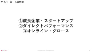 Copyright ©CyberACE, Inc. All Rights Reserved.
サイバーエースの特徴
8
①成長企業・スタートアップ
②ダイレクトパフォーマンス
③オンライン・グロース
 