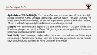 Ne Getiriyor ? - 3
www.cyberage.com.tr
• Aydınlatma Yükümlülüğü; Veri sorumlusunun ve varsa temsilcisinin kimliği,
Kişisel verilerin hangi amaçla işleneceği, İşlenen kişisel verilerin kimlere ve
hangi amaçla aktarılabileceği, Kişisel veri toplamanın yöntemi ve hukuki sebebi,
11 inci maddede sayılan diğer hakları konusunda bilgi vermek
• Şikayet; Veri sorumlusuna başvuru; 30 gün içinde dönüş – 30 gün içinde Veri
Kuruluna şikayet (ön şart) – Karar 30 gün içinde yerine getirilir – İnceleme
sırasında “durdurma kararı” çıkabilir
• Veri Sicili; Veri İşlemeye başlamadan önce veri sorumlusunun Sicile kayıt
zorunluluğu; Yönetmelik Taslağı yılın ilk aylarında yayımlandı ancak henüz
kayıt yükümlülüğü başlamadı; Kurul’un kararı bekleniyor
 
