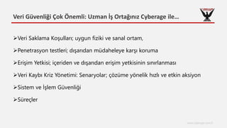 Veri Güvenliği Çok Önemli: Uzman İş Ortağınız Cyberage ile…
www.cyberage.com.tr
Veri Saklama Koşulları; uygun fiziki ve sanal ortam,
Penetrasyon testleri; dışarıdan müdaheleye karşı koruma
Erişim Yetkisi; içeriden ve dışarıdan erişim yetkisinin sınırlanması
Veri Kaybı Kriz Yönetimi: Senaryolar; çözüme yönelik hızlı ve etkin aksiyon
Sistem ve İşlem Güvenliği
Süreçler
 