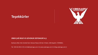 Teşekkürler
SİBER ÇAĞ BİLGİ VE GÜVENLİK SİSTEMLERİ A.Ş
Barbaros Mah. Mor Sümbül Sok. Deluxia Palace 5/A Kat: 4 Daire: 106 Ataşehir / İSTANBUL
Tel: +90 216 450 12 91 ● info@cyberage.com.tr ● www.cyberage.com.tr ● blog.cyberage.com.tr
 