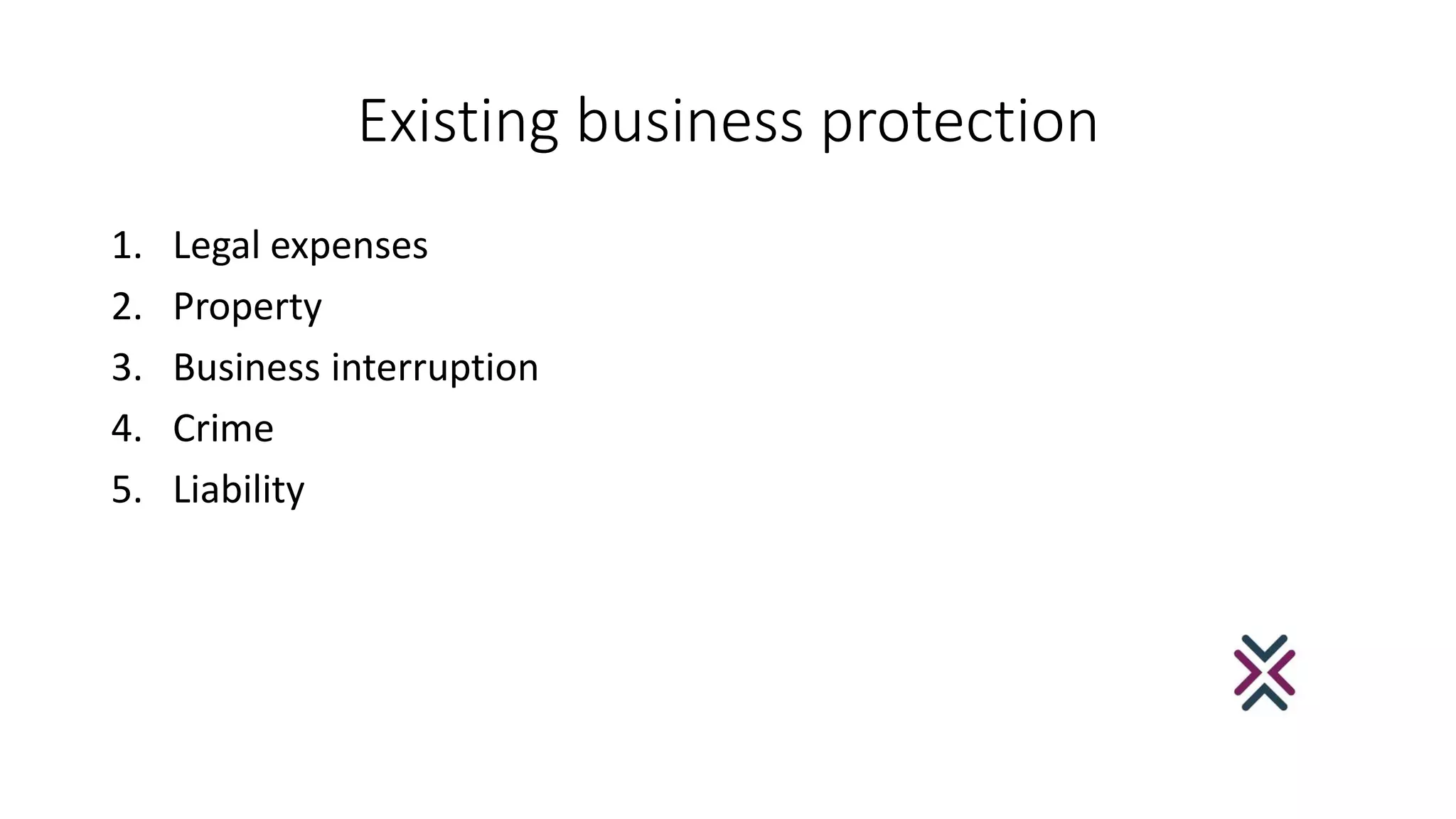Existing business protection
1. Legal expenses
2. Property
3. Business interruption
4. Crime
5. Liability
 