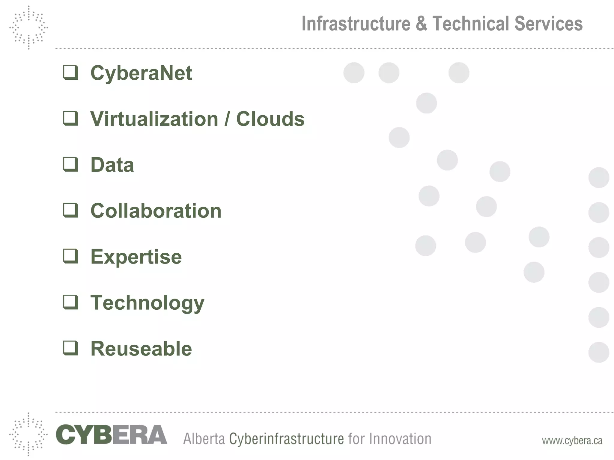 Infrastructure & Technical Services CyberaNet Virtualization / Clouds Data Collaboration Expertise Technology Reuseable