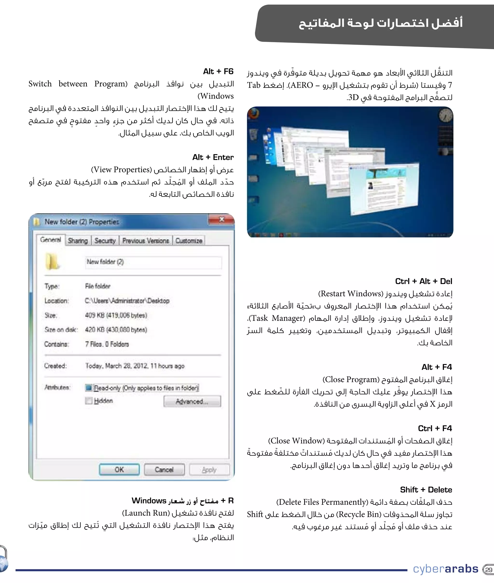 ‫أفضل اختصارات لوحة المفاتيح‬


                                                    ‫6‪Alt + F‬‬                ‫ّ‬                                            ‫ُّ‬
                                                                ‫التنقل الثالثي األبعاد هو مهمة تحويل بديلة متوفرة في ويندوز‬
‫التبديل بين نوافذ البرنامج (‪Switch between Program‬‬              ‫7 وفيستا (شرط أن تقوم بتشغيل اإليرو - ‪ .)AERO‬إضغط ‪Tab‬‬
                                                   ‫‪)Windows‬‬                                                           ‫ُّ‬
                                                                                           ‫لتصفح البرامج المفتوحة في ‪.3D‬‬
‫يتيح لك هذا اإلختصار التبديل بين النوافذ المتعددة في البرنامج‬
‫ذاته، في حال كان لديك أكثر من جزء واحد مفتوح في متصفح‬
             ‫ٍ‬     ‫ٍ‬     ‫ٍ‬
                           ‫الويب الخاص بك، على سبيل المثال.‬

                                              ‫‪Alt + Enter‬‬
                 ‫عرض أو إظهار الخصائص (‪)View Properties‬‬
    ‫ّ‬                                  ‫ُ ّ‬
‫حدد الملف أو المجلد ثم استخدم هذه التركيبة لفتح مربع أو‬‫ّ‬
                                 ‫نافذة الخصائص التابعة له.‬




                                                                                                            ‫‪Ctrl + Alt + Del‬‬
                                                                                       ‫إعادة تشغيل ويندوز (‪)Restart Windows‬‬
                                                                ‫يمكن استخدام هذا اإلختصار المعروف ب»تحية األصابع الثالثة»‬
                                                                                  ‫ّ‬                                        ‫ُ‬
                                                                ‫إلعادة تشغيل ويندوز، وإطالق إدارة المهام (‪،)Task Manager‬‬
                                                                ‫إقفال الكمبيوتر، وتبديل المستخدمين، وتغيير كلمة السر‬
                                                                ‫ّ‬
                                                                                                                  ‫الخاصة بك.‬

                                                                                                                  ‫4‪Alt + F‬‬
                                                                                    ‫إغالق البرنامج المفتوح (‪)Close Program‬‬
                                                                                                           ‫ّ‬
                                                                ‫هذا اإلختصار يوفر عليك الحاجة إلى تحريك الفأرة للضغط على‬
                                                                      ‫ّ‬
                                                                                 ‫الرمز ‪ X‬في أعلى الزاوية اليسرى من النافذة.‬

                                                                                                                    ‫4‪Ctrl + F‬‬
                                                                      ‫إغالق الصفحات أو المستندات المفتوحة (‪)Close Window‬‬
                                                                                                          ‫ُ‬
                                                                ‫هذا اإلختصار مفيد في حال كان لديك مستندات مختلفة مفتوحةٌ‬
                                                                        ‫ٌ‬       ‫ٌ‬        ‫ُ‬
                                                                            ‫في برنامج ما وتريد إغالق أحدها دون إغالق البرنامج.‬

                                                                                                           ‫‪Shift + Delete‬‬
                             ‫‪ + R‬مفتاح أو زر شعار ‪Windows‬‬               ‫حذف الملفات بصفة دائمة (‪)Delete Files Permanently‬‬
                                                                                                                 ‫ّ‬
                          ‫لفتح نافذة تشغيل (‪)Launch Run‬‬         ‫تجاوز سلة المحذوفات (‪ )Recycle Bin‬من خالل الضغط على ‪Shift‬‬
‫يفتح هذا اإلختصار نافذة التشغيل التي تُتيح لك إطالق ميزات‬
   ‫ّ‬                                                                                                   ‫ُ ّ‬
                                                                            ‫عند حذف ملف أو مجلد أو مستند غير مرغوب فيه.‬
                                                                                                 ‫ُ‬
                                             ‫النظام، مثل:‬


                                                                                                                                 ‫92‬
 