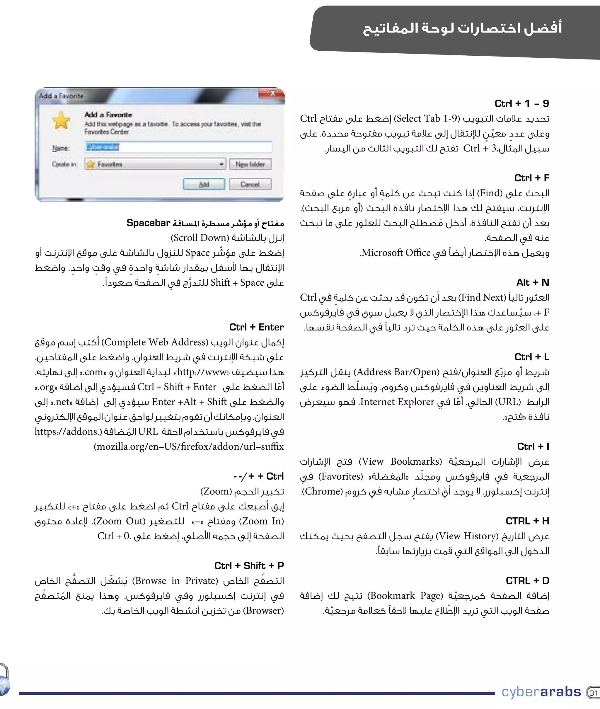 ‫أفضل اختصارات لوحة المفاتيح‬



                                                                                                                  ‫9 – 1 + ‪Ctrl‬‬
                                                                 ‫تحديد عالمات التبويب (9-1 ‪ )Select Tab‬إضغط على مفتاح ‪Ctrl‬‬
                                                                 ‫وعلى عدد معين لإلنتقال إلى عالمة تبويب مفتوحة محددة. على‬
                                                                                                              ‫ّ ٍ‬    ‫ٍ‬
                                                                       ‫سبيل المثال،3 + ‪ Ctrl‬تفتح لك التبويب الثالث من اليسار.‬

                                                                                                                      ‫‪Ctrl + F‬‬
                                                                 ‫البحث على (‪ )Find‬إذا كنت تبحث عن كلمة أو عبارة على صفحة‬
                                                                             ‫ٍ‬       ‫ٍ‬
                                                                 ‫اإلنترنت، سيفتح لك هذا اإلختصار نافذة البحث (أو مربع البحث).‬
                                                  ‫ّ‬
                        ‫مفتاح أو مؤشر مسطرة املسافة ‪Spacebar‬‬     ‫بعد أن تفتح النافذة، أدخل مصطلح البحث للعثور على ما تبحث‬
                                                                                                   ‫ُ‬
                                 ‫إنزل بالشاشة (‪)Scroll Down‬‬                                                   ‫عنه في الصفحة.‬
                                             ‫ّ‬
‫إضغط على مؤشر ‪ Space‬للنزول بالشاشة على موقع اإلنترنت أو‬                         ‫ويعمل هذه اإلختصار أيضًا في ‪.Microsoft Office‬‬
‫اإلنتقال بها ألسفل بمقدار شاشة واحدة في وقت واحد. واضغط‬
          ‫ٍ‬     ‫ٍ‬        ‫ٍ‬    ‫ٍ‬
                  ‫على ‪ Shift + Space‬للتدرج في الصفحة صعودًا.‬
                                     ‫ُّ‬                                                                              ‫‪Alt + N‬‬
                                                                 ‫العثور تاليًا (‪ )Find Next‬بعد أن تكون قد بحثت عن كلمة في ‪Ctrl‬‬
                                                                         ‫ٍ‬
                                                                 ‫‪ ،+ F‬سيساعدك هذا اإلختصار الذي ال يعمل سوى في فايرفوكس‬
                                                                                                                      ‫ُ‬
                                                ‫‪Ctrl + Enter‬‬     ‫على العثور على هذه الكلمة حيث ترد تاليًا في الصفحة نقسها.‬
‫إكمال عنوان الويب (‪ )Complete Web Address‬أكتب إسم موقع‬
‫على شبكة اإلنترنت في شريط العنوان، واضغط على المفتاحين.‬                                                            ‫‪Ctrl + L‬‬
‫هذا سيضيف «‪ »http://www‬لبداية العنوان و «‪ ».com‬إلى نهايته.‬       ‫شريط أو مربع العنوان/فتح (‪ )Address Bar/Open‬ينقل التركيز‬
                                                                                                              ‫ّ‬
‫أما الضغط على ‪ Ctrl + Shift + Enter‬فسيؤدي إلى إضافة «‪».org‬‬  ‫ّ‬                  ‫ُ ّ‬
                                                                 ‫إلى شريط العناوين في فايرفوكس وكروم، ويسلط الضوء على‬
‫والضغط على ‪ Enter +Alt + Shift‬سيؤدي إلى إضافة «‪ ».net‬إلى‬         ‫الرابط (‪ )URL‬الحالي. أما في ‪ ،Internet Explorer‬فهو سيعرض‬
                                                                                                    ‫ّ‬
‫العنوان. وبإمكانك أن تقوم بتغيير لواحق عنوان الموقع اإللكتروني‬                                                  ‫نافذة «فتح».‬
‫في فايرفوكس باستخدام الحقة ‪ URL‬المضافة (.‪https://addons‬‬
                        ‫ُ‬
                ‫‪)mozilla.org/en-US/firefox/addon/url-suffix‬‬                                                        ‫‪Ctrl + I‬‬
                                                                 ‫عرض اإلشارات المرجعية (‪ )View Bookmarks‬فتح اإلشارات‬
                                                                                                   ‫ّ‬
                                              ‫‪- -/+ + Ctrl‬‬                                  ‫ّ‬
                                                                 ‫المرجعية في فايرفوكس ومجلد «المفضلة» (‪ )Favorites‬في‬
                                      ‫تكبير الحجم (‪)Zoom‬‬         ‫إنترنت إكسبلورر. ال يوجد أي اختصار مشابه في كروم (‪.)Chrome‬‬
                                                                                          ‫ٍ‬     ‫ّ‬
‫إبق أصبعك على مفتاح ‪ Ctrl‬ثم اضغط على مفتاح «+» للتكبير‬
‫(‪ )Zoom In‬ومفتاح «-» للتصغير (‪ .)Zoom Out‬إلعادة محتوى‬                                                            ‫‪CTRL + H‬‬
               ‫الصفحة إلى حجمه األصلي، إضغط على .0 + ‪Ctrl‬‬        ‫عرض التاريخ (‪ )View History‬يفتح سجل التصفح بحيث يمكنك‬
                                                                               ‫الدخول إلى المواقع التي قمت بزيارتها سابقًا.‬
                                       ‫‪Ctrl + Shift + P‬‬
‫التصفح الخاص (‪ )Browse in Private‬يشغّ ل التصفح الخاص‬
        ‫ُّ‬         ‫ُ‬                              ‫ُّ‬                                                                 ‫‪CTRL + D‬‬
 ‫ّ‬
‫في إنترنت إكسبلورر وفي فايرفوكس. وهذا يمنع المتصفح‬
     ‫ُ‬                                                           ‫إضافة الصفحة كمرجعية (‪ )Bookmark Page‬تتيح لك إضافة‬
                                                                                                       ‫ّ‬
              ‫(‪ )Browser‬من تخزين أنشطة الويب الخاصة بك.‬                                              ‫ّ‬
                                                                      ‫صفحة الويب التي تريد اإلطالع عليها الحقًا كعالمة مرجعية.‬
                                                                        ‫ّ‬




                                                                                                                                 ‫13‬
 