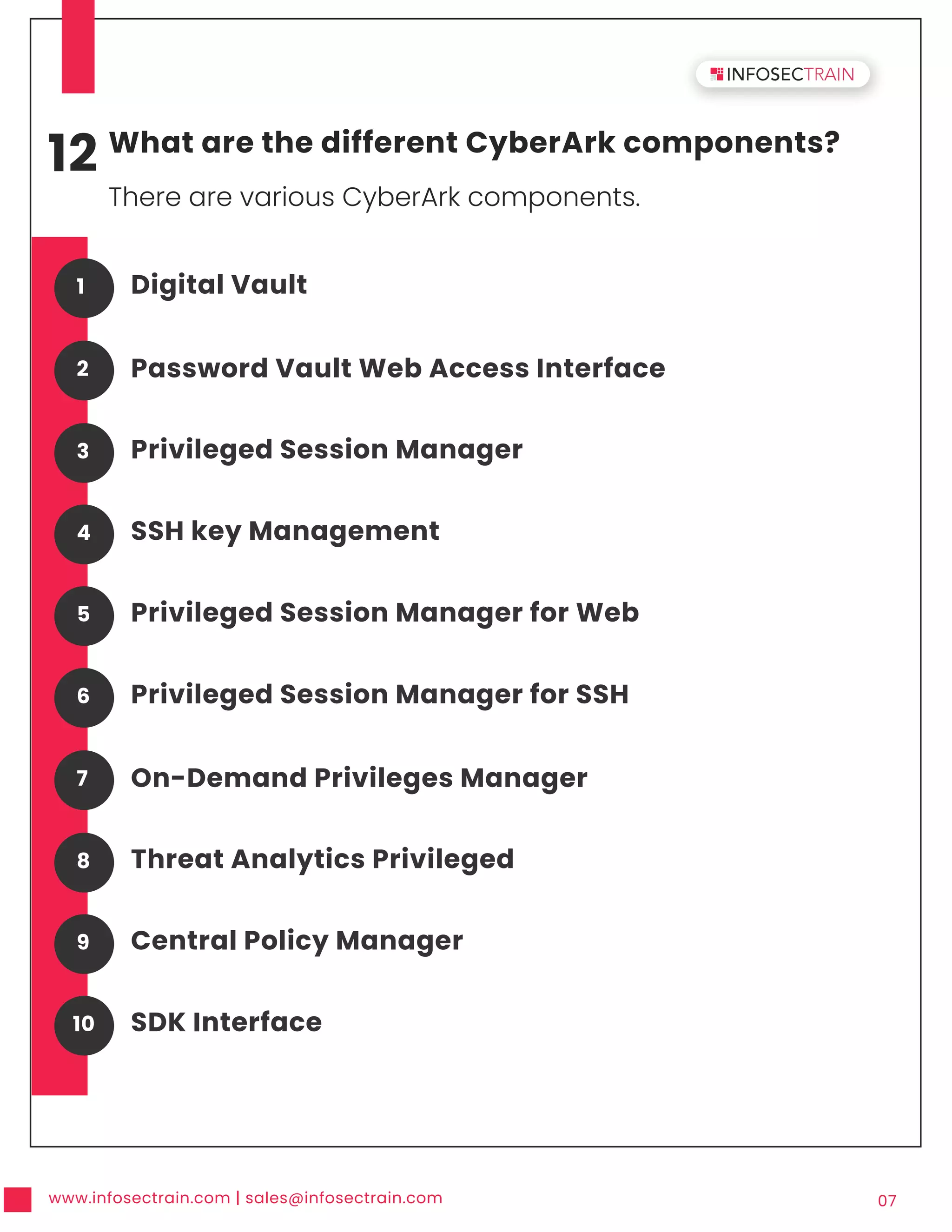 www.infosectrain.com | sales@infosectrain.com 07
12 What are the different CyberArk components?
There are various CyberArk components.
Digital Vault
1
Password Vault Web Access Interface
2
Privileged Session Manager
3
SSH key Management
4
Privileged Session Manager for Web
5
Privileged Session Manager for SSH
6
On-Demand Privileges Manager
7
Threat Analytics Privileged
8
Central Policy Manager
9
SDK Interface
10
 
