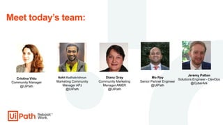 Meet today’s team:
Mo Roy
Senior Partner Engineer
@UiPath
Jeremy Patton
Solutions Engineer - DevOps
@CyberArk
Diana Gray
C...