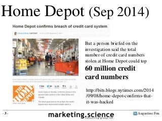 Home Depot (Sep 2014) 
But a person briefed on the 
investigation said the total 
number of credit card numbers 
stolen at...