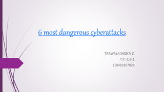 6 most dangerous cyberattacks
TARWALA INSIYA Z.
T.Y.-C.E-1
110410107028
 