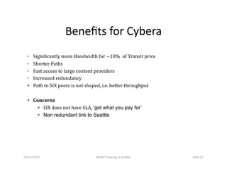 Beneﬁts	
  for	
  Cybera	
  
  •  Signi%icantly	
  more	
  Bandwidth	
  for	
  ~10%	
  	
  of	
  Transit	
  price	
  
  •  Shorter	
  Paths	
  
  •  Fast	
  access	
  to	
  large	
  content	
  providers	
  
  •  Increased	
  redundancy	
  
    Path	
  to	
  SIX	
  peers	
  is	
  not	
  shaped,	
  i.e.	
  better	
  throughput	
  


    Concerns	
  
           SIX	
  does	
  not	
  have	
  SLA,	
  ‘get what you pay for’
           Non redundant link to Seattle




04-05-2010                                          BCNET	
  Peering	
  in	
  SeaQle	
        Slide	
  27	
  
 