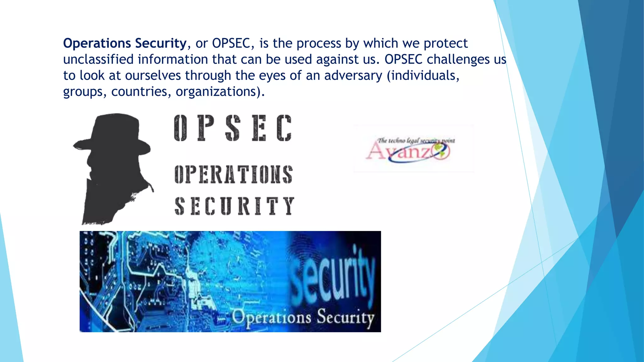 Operations Security, or OPSEC, is the process by which we protect
unclassified information that can be used against us. OPSEC challenges us
to look at ourselves through the eyes of an adversary (individuals,
groups, countries, organizations).
 