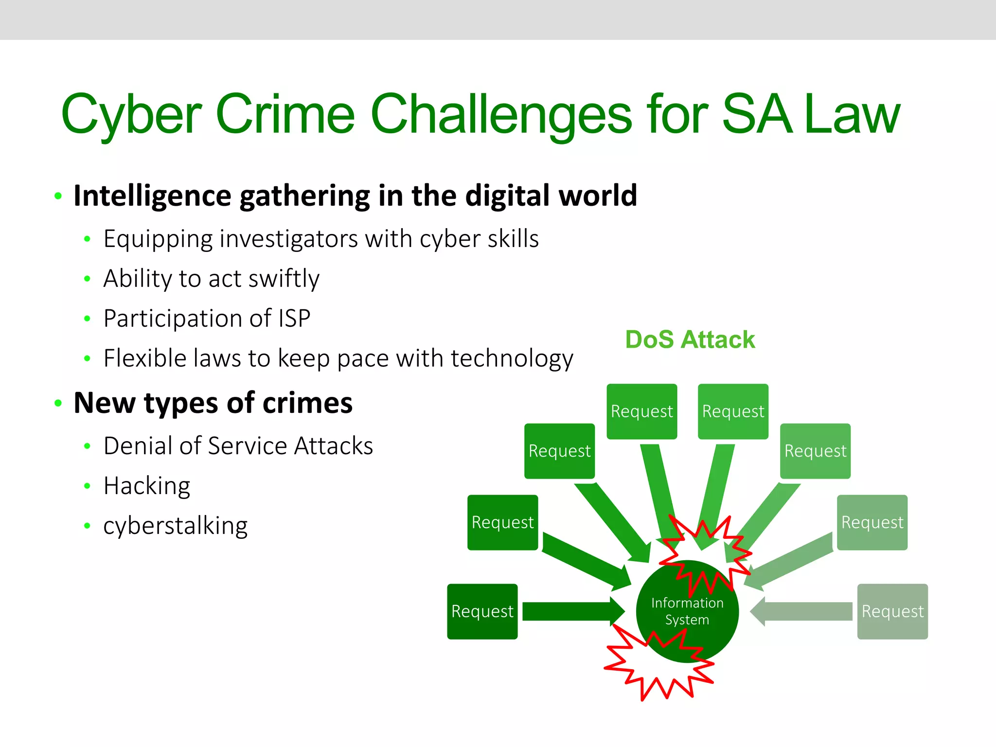 Cyber Crime Challenges for SA Law 
• Intelligence gathering in the digital world 
• Equipping investigators with cyber skills 
• Ability to act swiftly 
• Participation of ISP 
• Flexible laws to keep pace with technology 
• New types of crimes 
• Denial of Service Attacks 
• Hacking 
• cyberstalking 
Request 
Request 
Request Request 
Information 
System Request 
Request 
Request 
Request 
DoS Attack 
 