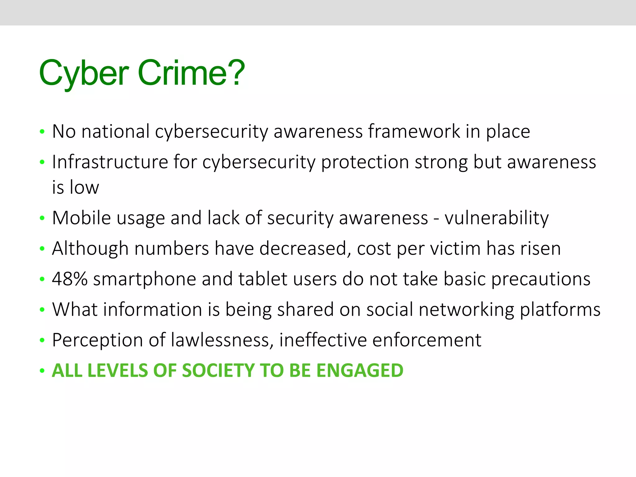 Cyber Crime? 
• No national cybersecurity awareness framework in place 
• Infrastructure for cybersecurity protection strong but awareness 
is low 
• Mobile usage and lack of security awareness - vulnerability 
• Although numbers have decreased, cost per victim has risen 
• 48% smartphone and tablet users do not take basic precautions 
• What information is being shared on social networking platforms 
• Perception of lawlessness, ineffective enforcement 
• ALL LEVELS OF SOCIETY TO BE ENGAGED 
 