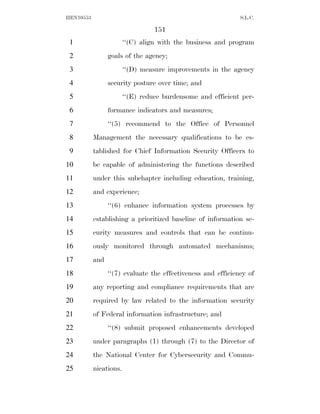 HEN10553                                                      S.L.C.

                                  151
 1                      ‘‘(C) align with the business and program
 2               goals of the agency;
 3                      ‘‘(D) measure improvements in the agency
 4               security posture over time; and
 5                      ‘‘(E) reduce burdensome and efficient per-
 6               formance indicators and measures;
 7               ‘‘(5) recommend to the Office of Personnel
 8         Management the necessary qualifications to be es-
 9         tablished for Chief Information Security Officers to
10         be capable of administering the functions described
11         under this subchapter including education, training,
12         and experience;
13               ‘‘(6) enhance information system processes by
14         establishing a prioritized baseline of information se-
15         curity measures and controls that can be continu-
16         ously monitored through automated mechanisms;
17         and
18               ‘‘(7) evaluate the effectiveness and efficiency of
19         any reporting and compliance requirements that are
20         required by law related to the information security
21         of Federal information infrastructure; and
22               ‘‘(8) submit proposed enhancements developed
23         under paragraphs (1) through (7) to the Director of
24         the National Center for Cybersecurity and Commu-
25         nications.
 