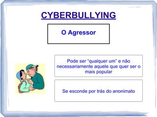 CYBERBULLYING
O Agressor

Pode ser “qualquer um” e não
necessariamente aquele que quer ser o
mais popular

Se esconde por trás do anonimato

 