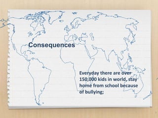 7
Consequences
Everyday there are over
150,000 kids in world, stay
home from school because
of bullying;
 